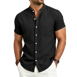 Detail of a men's black linen short sleeve shirt with a minimalist stand collar design.