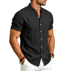 Detailed shot of a black men's linen casual short sleeve shirt featuring a stand collar.
