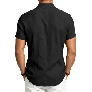 Back view of a premium men's black linen short sleeve shirt with a stand collar