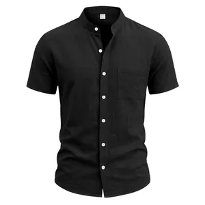 Front view of men's black linen casual short sleeve shirt with stand collar and pocket.