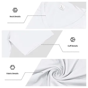 Vue détaillée du t-shirt blanc à col en V : texture du tissu, ourlet de manche et encolure