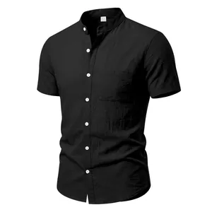 Classic black men's casual linen shirt with mandarin collar and white buttons design
