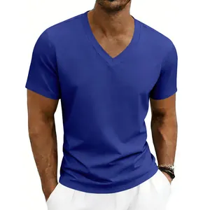 Détail du t-shirt décontracté à manches courtes col en V pour homme bleu uni