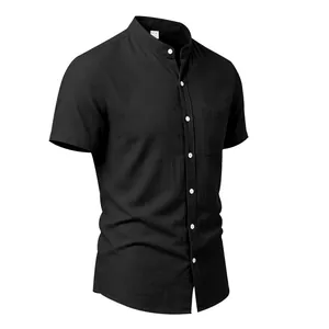 Detail of a black men's linen short-sleeved shirt with a classic standing collar