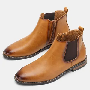 Bottines Chelsea classiques en cuir marron pour hommes avec fermeture éclair et bout poli