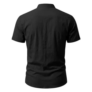 Back view of a black men's casual linen short-sleeved shirt featuring a stand collar