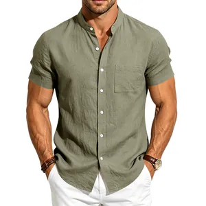 Front view of men's olive green linen short sleeve shirt with stand collar and pocket
