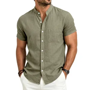 Front view of a men's olive green linen short sleeve shirt featuring a stand collar and pocket