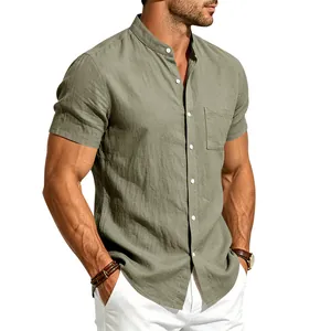 Detail of olive green linen shirt featuring a mandarin collar and front chest pocket.