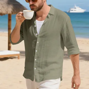 Camicia casual da uomo in lino verde oliva a maniche lunghe con colletto botton down morbido