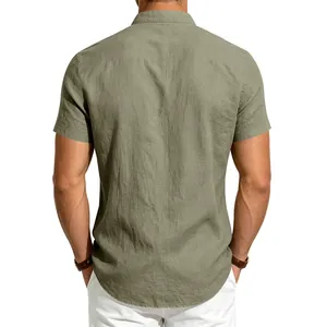 Back view of a men's linen short sleeve shirt with a stand collar in sage green.