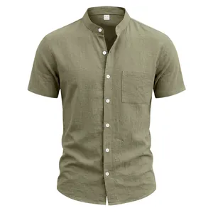 Detailed front view of men's olive green linen short-sleeved shirt with stand collar