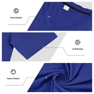 Vue détaillée du col en V, de la manchette et de la texture du tissu d'un t-shirt bleu
