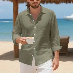 Camicia da uomo in lino verde oliva a maniche lunghe, vestibilità comoda per le vacanze