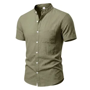 Men's casual olive green linen-look shirt featuring stand collar and chest pocket