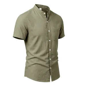 Close-up view of a men's olive green linen shirt with mandarin collar and chest pocket
