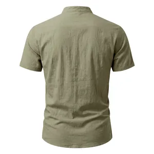 Back view of a men's linen short-sleeve shirt with a vintage stand collar in olive green