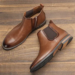 Bottines Chelsea classiques marron pour hommes avec fermeture éclair et panneau élastique