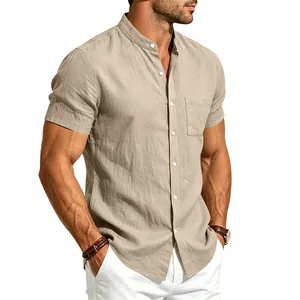 Detail view of men's beige linen short sleeve shirt with mandarin collar and pocket