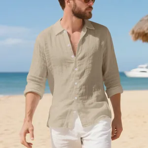 Camicia da uomo casual in lino a maniche lunghe color kaki ideale per la spiaggia