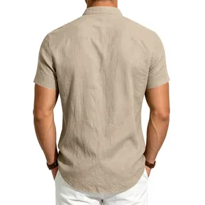Rear view detail of a men's retro linen short sleeve shirt with stand collar