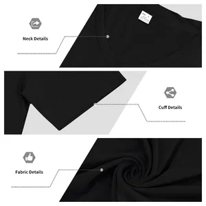 Détails en gros plan du col en V, du revers et de la texture du tissu polyester noir du t-shirt