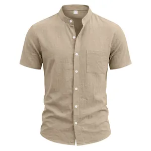 Men's minimalist retro linen short sleeve shirt with mandarin collar and chest pocket