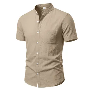 Men's khaki short-sleeve shirt with stand collar and pocket, breathable linen fabric detail.
