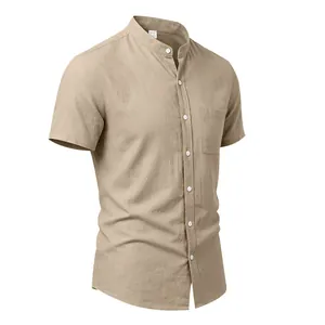 Detailed view of men's retro stand collar short sleeve linen shirt in khaki color