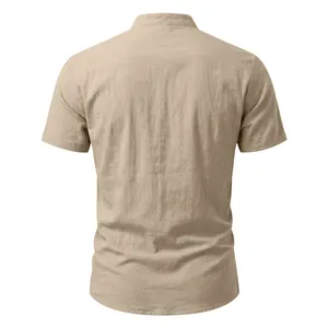 Back view of a khaki linen stand-up collar short sleeve shirt for men's casual summer wear