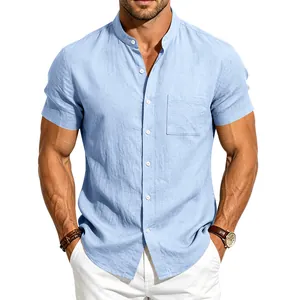 Light blue summer linen short sleeve shirt with stand collar and pocket for men