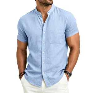 Detailed view of men's light blue linen short sleeve shirt featuring stand collar