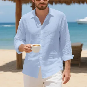 Camicia in lino celeste da uomo a maniche lunghe per vacanze rilassanti al mare
