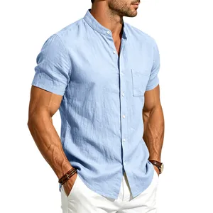 Close-up of men's summer linen casual shirt with stand collar and front pocket detail