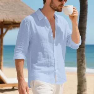 Camicia da uomo in lino azzurro a maniche lunghe vestibilità comoda per la spiaggia