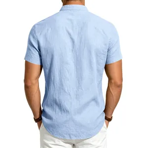 Back view detail of a men's light blue linen casual short sleeve shirt with a stand collar