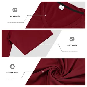 Vues détaillées du t-shirt bordeaux à col en V: col, revers et texture du tissu.
