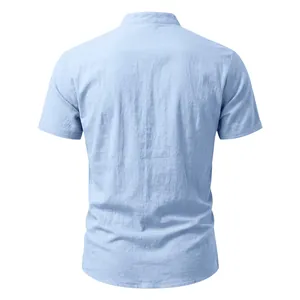 Back view of men's casual light blue linen short sleeve shirt with stand collar