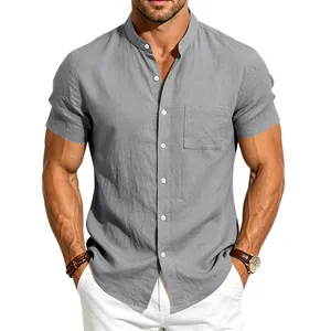 Detailed view of men's gray short sleeve linen shirt featuring a stand collar and pocket