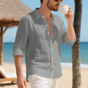 Camicia casual da uomo in lino grigio con vestibilità comoda per il tempo libero