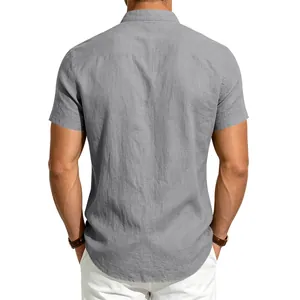 Detailed back view of a men's grey linen short sleeve shirt with a retro stand collar