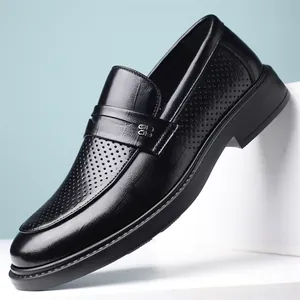 Men Business Casual Hollow-out Loafers British Style Breathable Regenerated Leather Slip-on Shoes With Metal Buckle For Summer Daily Wear