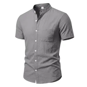 Close-up of a grey casual men's linen shirt with stand collar and chest pocket