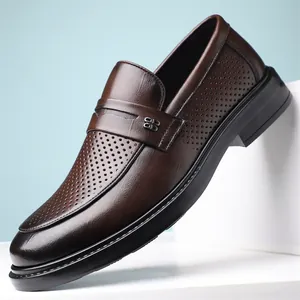 Men's brown perforated leather loafers with business casual slip-on design
