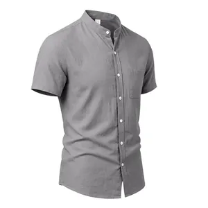 Detail view of men's grey linen short sleeve shirt with minimalist stand collar design