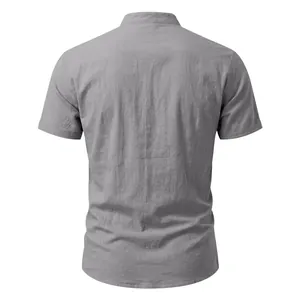 Back view of a grey men's linen shirt featuring a retro stand collar and short sleeves.