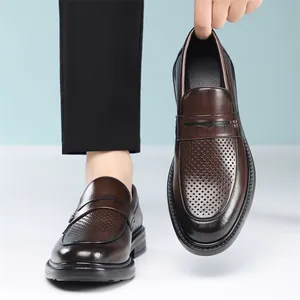 Men's brown perforated leather loafers for business and casual summer wear