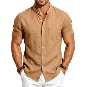 Close-up of a men's khaki linen shirt featuring a stand collar and casual button-down style