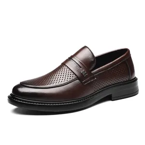 Brown leather men's business loafers with breathable perforated design and slip-on style.