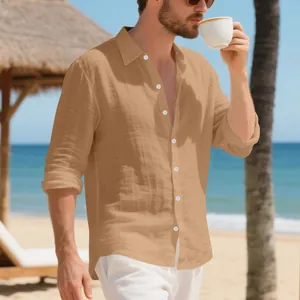 Camicia in lino a maniche lunghe da uomo vestibilità comoda per vacanze casual in spiaggia.